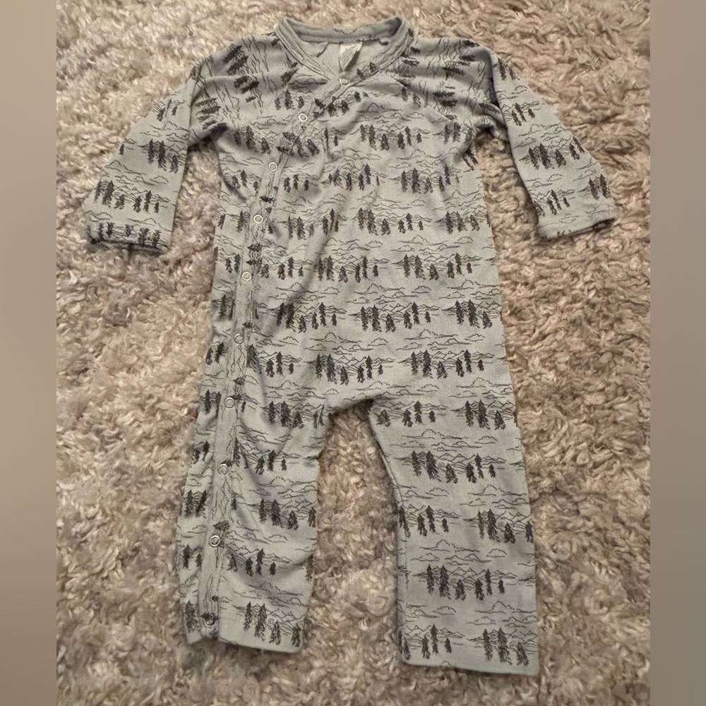 Kate Quinn Light Blue / Gray Wrap Jumpsuit with Forest Print - 18-24m